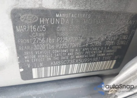 2005 Hyundai Santa Fe Gls/Lx z USA, uszkodzony, nr VIN KM8SC73EX5U995981